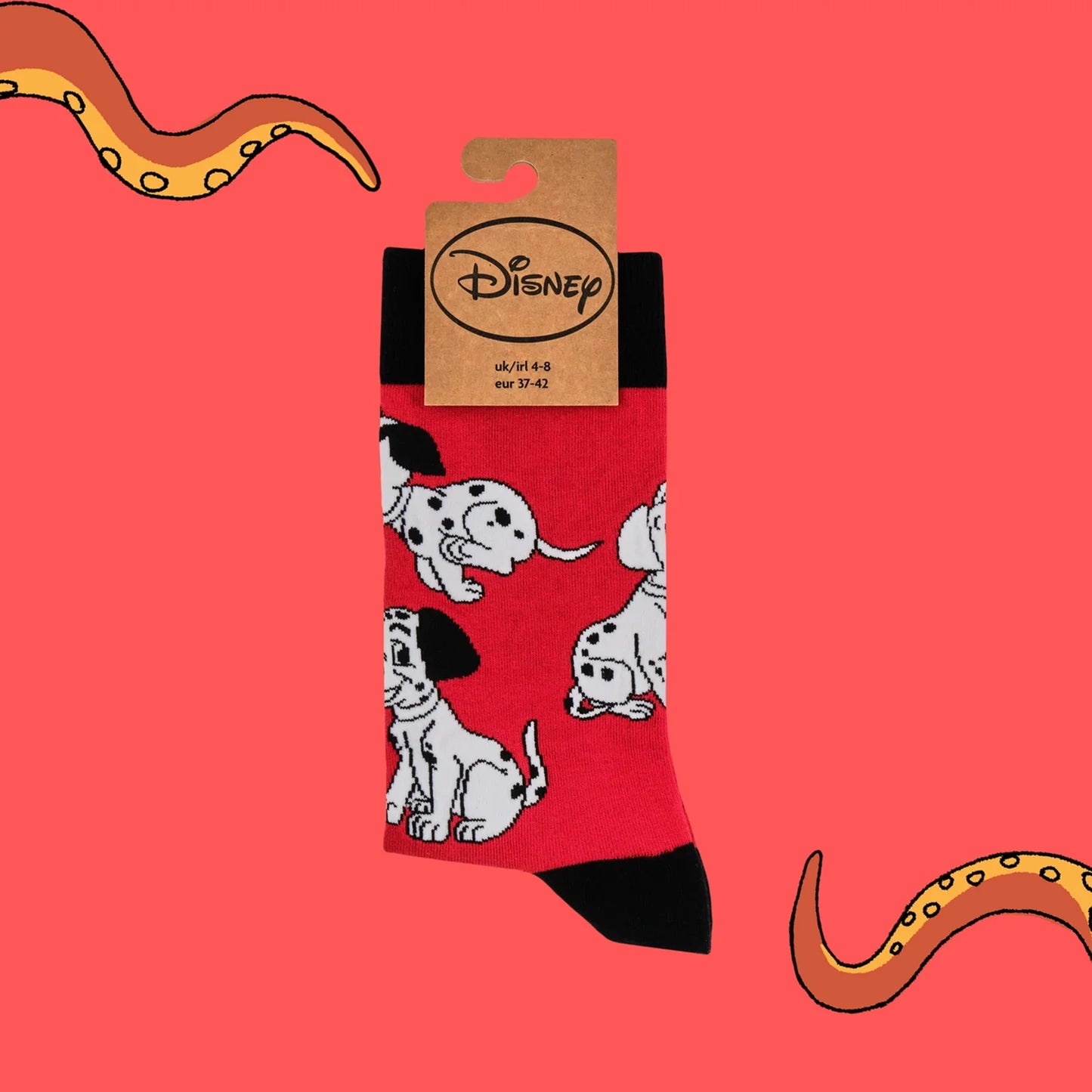 Pair of black and red Disney socks with dalmatians design