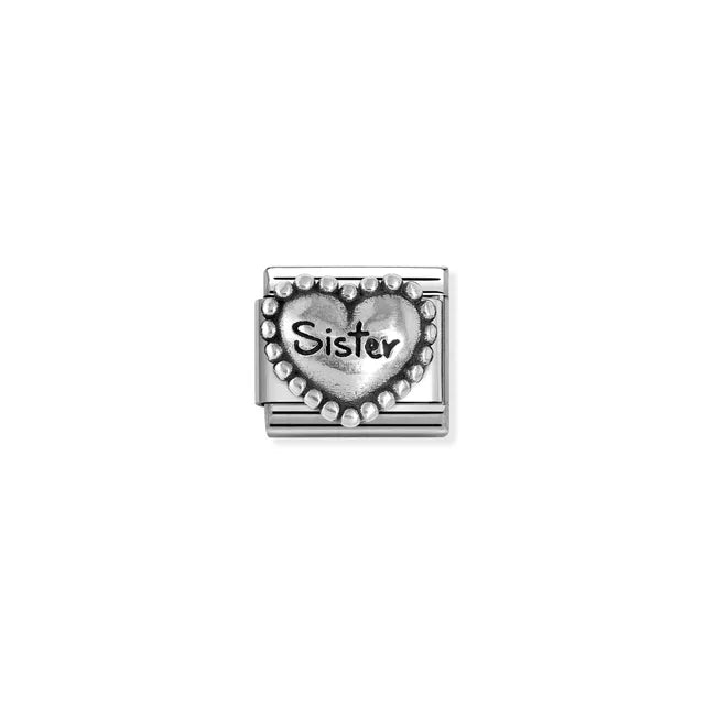 Sister in Popcorn Heart Charm - Silver