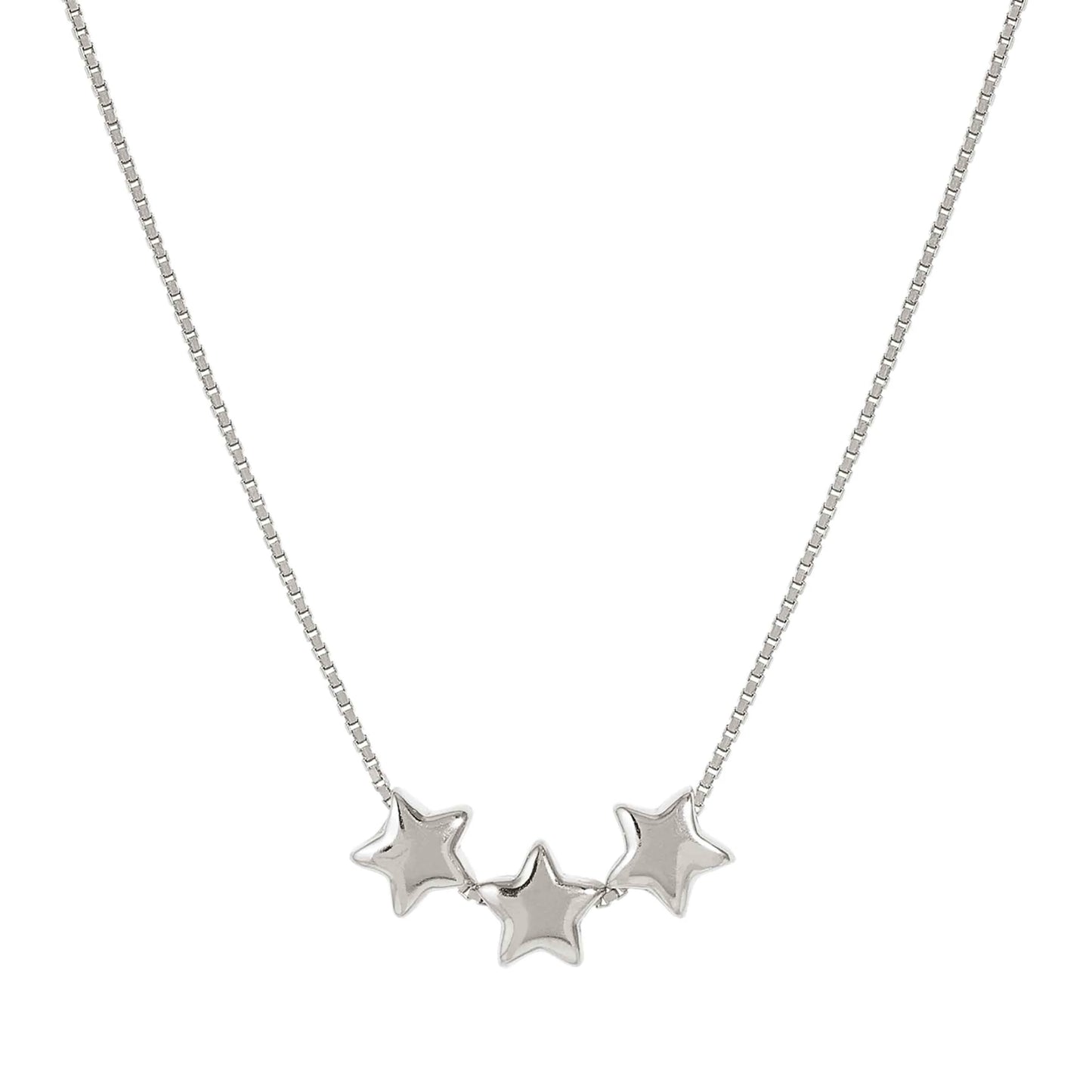 Silver chain necklace with 3 silver sliding star pendants and CZ detail on clasp chain
