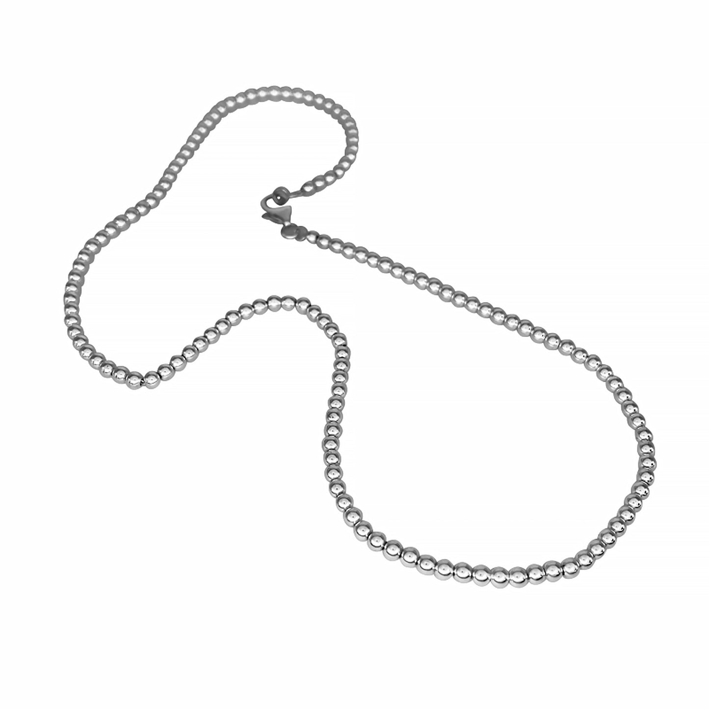 A silver necklace of round strung silver beads