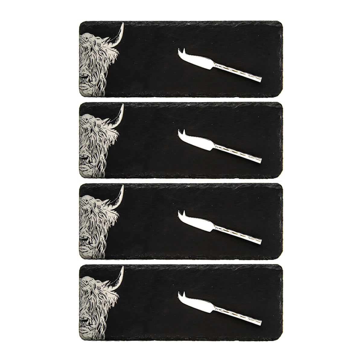 Set of 4 Slate Etched Cheese Board & Knife Set | Highland Cow