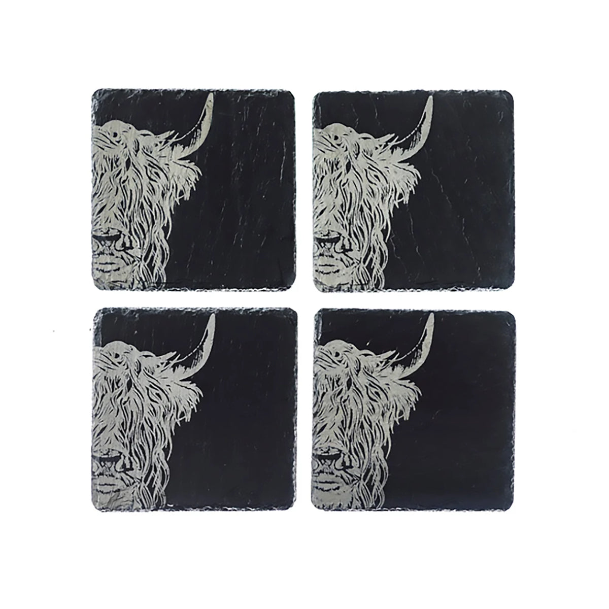 Set of 4 Slate Etched Coasters | Highland Cow