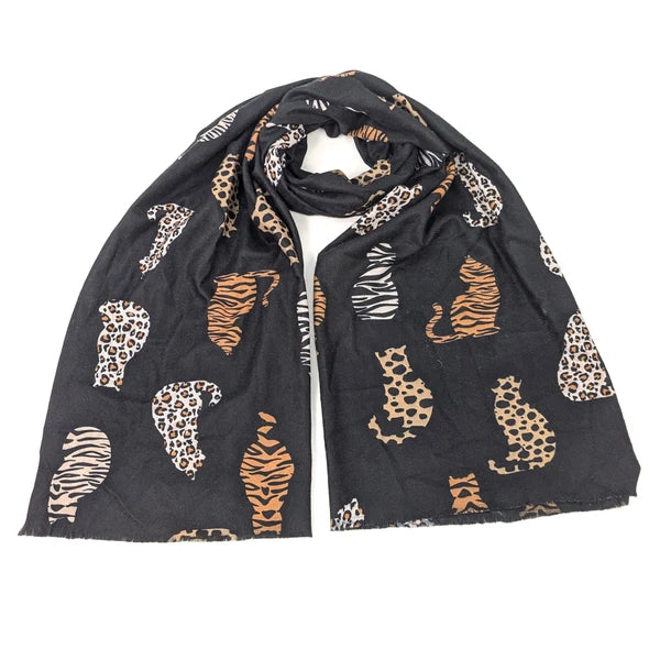 Lightweight Scarf | Black Animal Print Cats