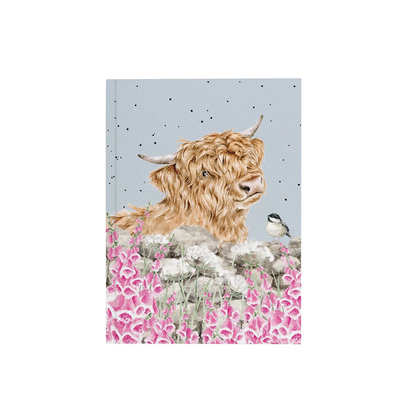 A6 notebook with a Highland cow and pink foxgloves