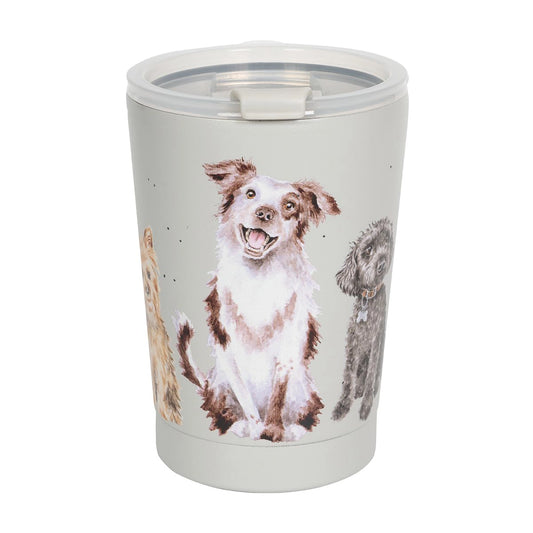 A grey travel cup featuring illustrations of different dog breeds