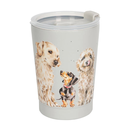 A grey travel cup featuring illustrations of different dog breeds#