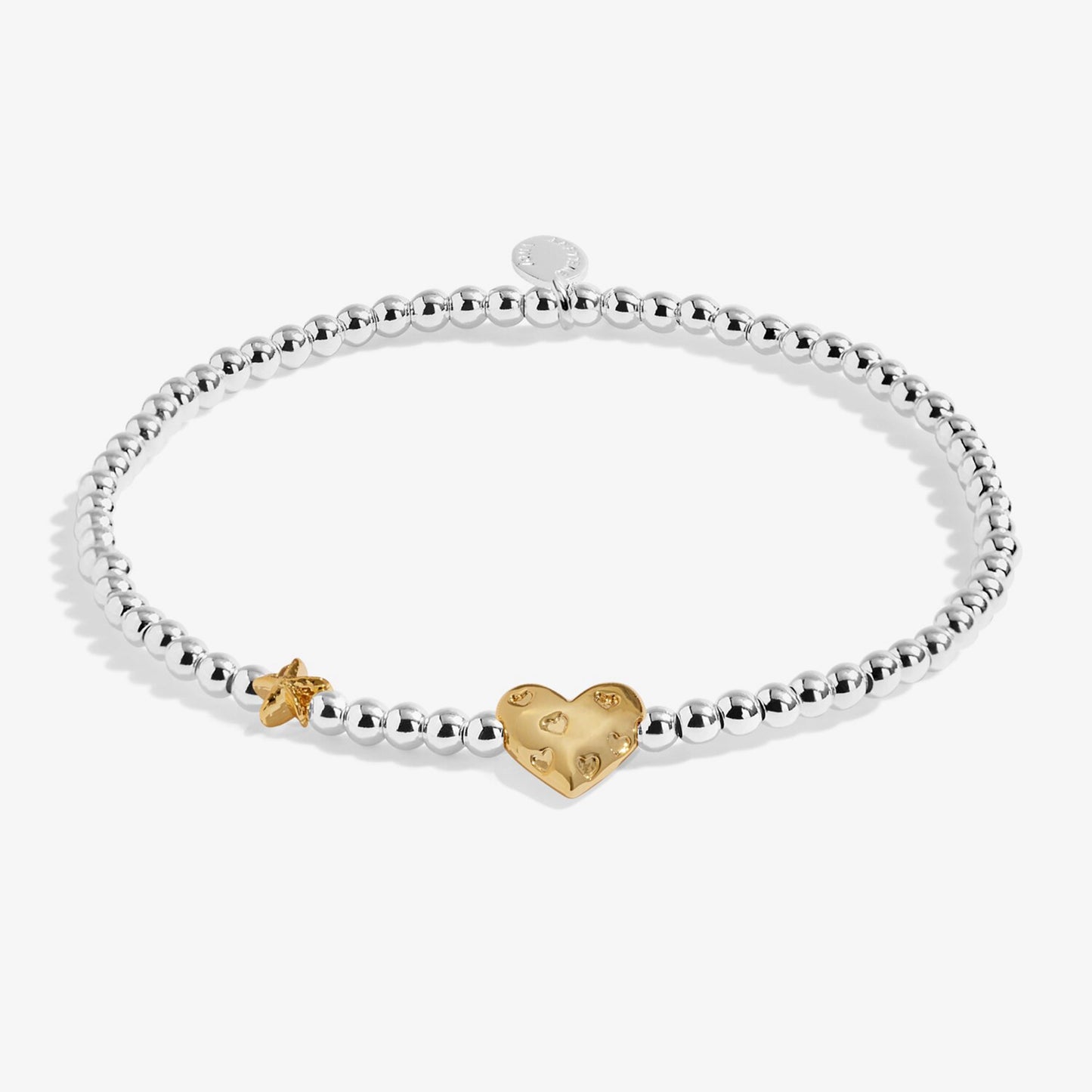 Silver beaded birth month bracelet for July with gold heart and starfish charms