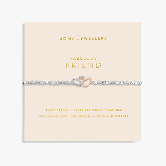 A silver beaded bracelet with rose gold and silver interlinking hearts on a sentiment card