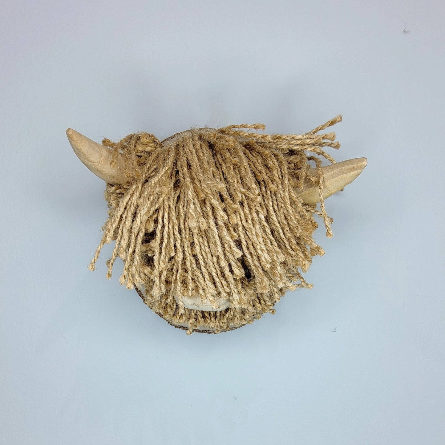 A plaque mounted wall mounted cow head with natural jute twine hair