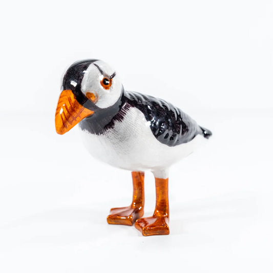 A medium black, white and orange shiny enamel puffin bird ornament