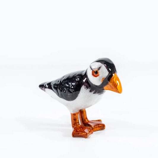 Small black, white and orange shiny enamel puffin ornament