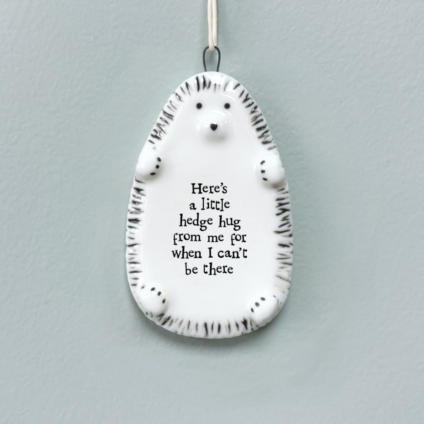 Ceramic hedgehog shaped hanger with painted details and a phrase