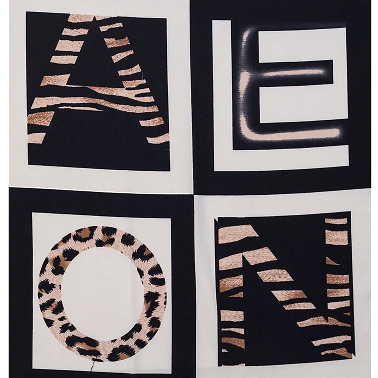 Animal print black and linen scarf with letter pattern