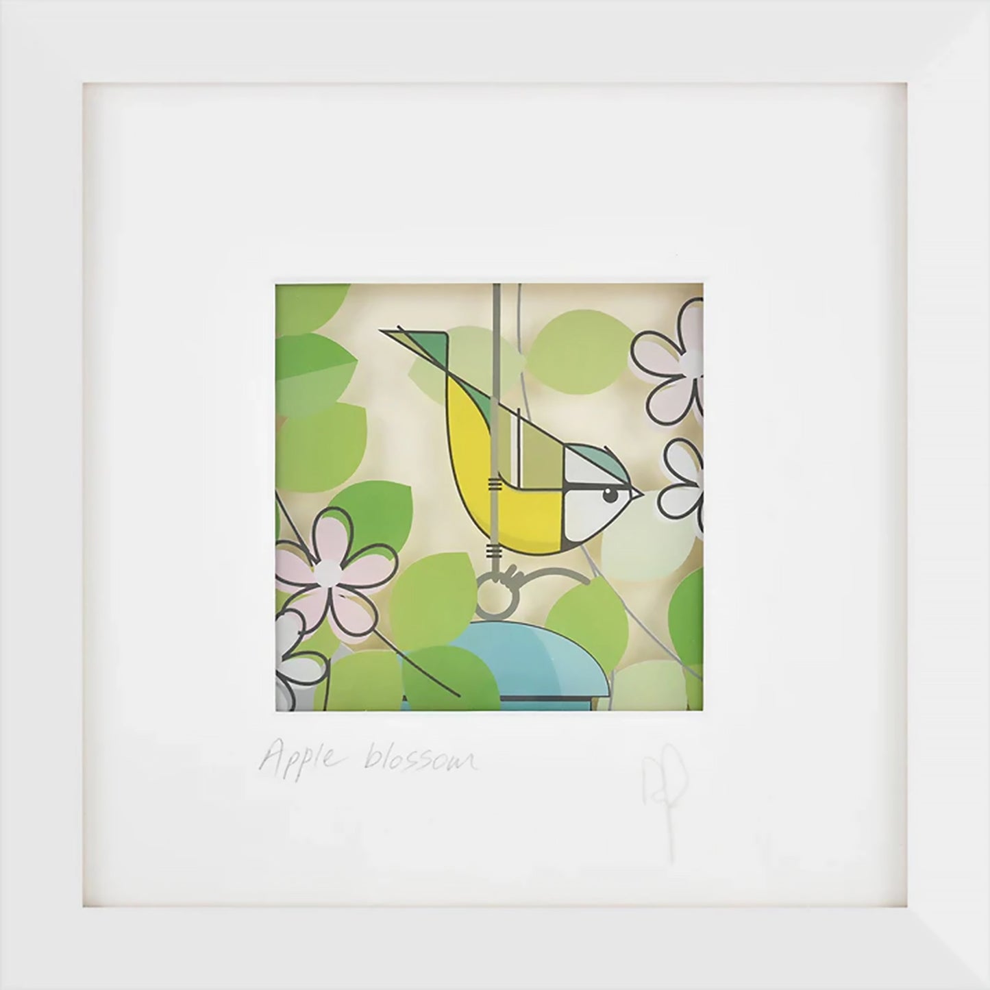 Square framed print featuring printed acrylic art of blue tit bird in an apple tree
