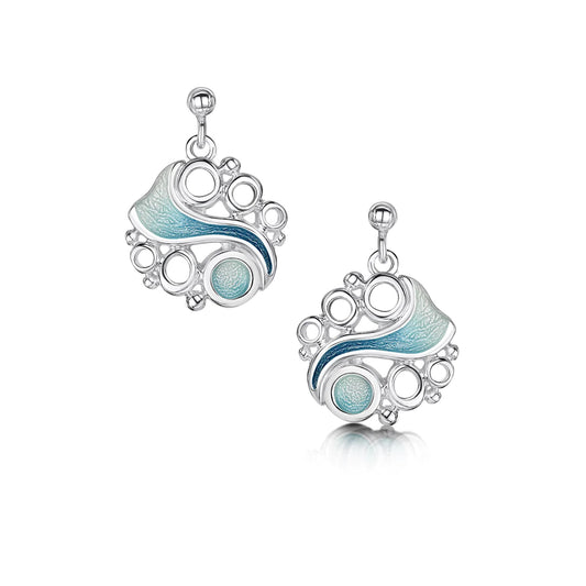 Silver drop earrings with icy blue enamel in the centre like water and silver circles to represent floating glaciers