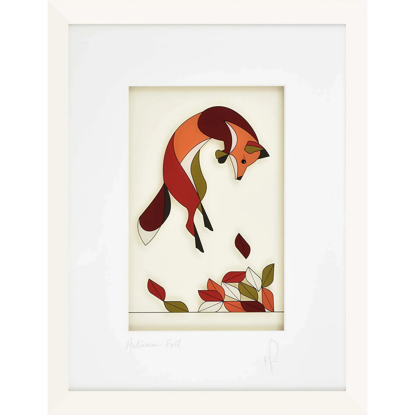 Acrylic framed wall art featuring a fox jumping in a pile of autumn leaves