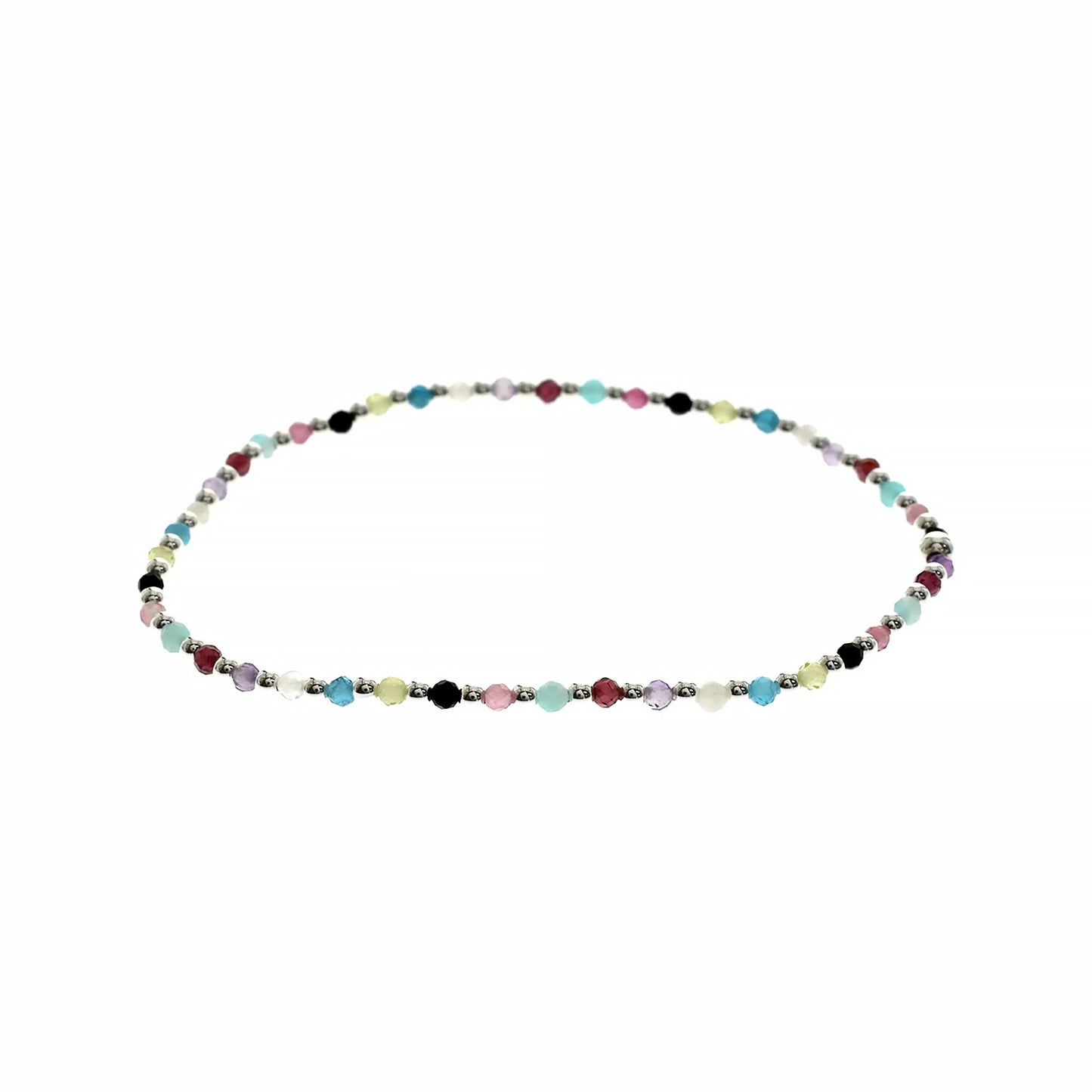 Stretch bracelet with multicolour semi-precious gemstone beads and silver spacers