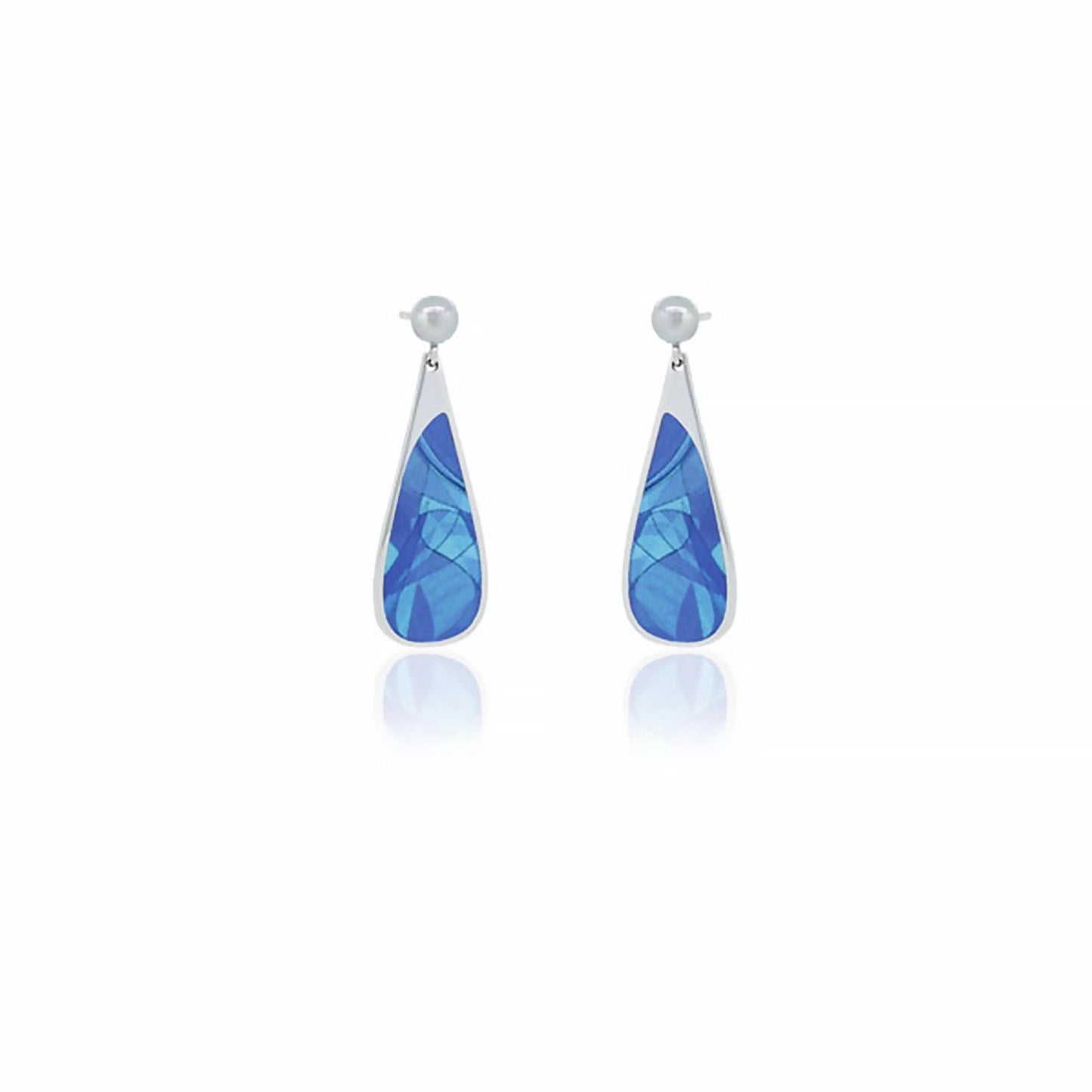 A pair of silver teardrop earrings with inset aluminium abstract design in different blue hues