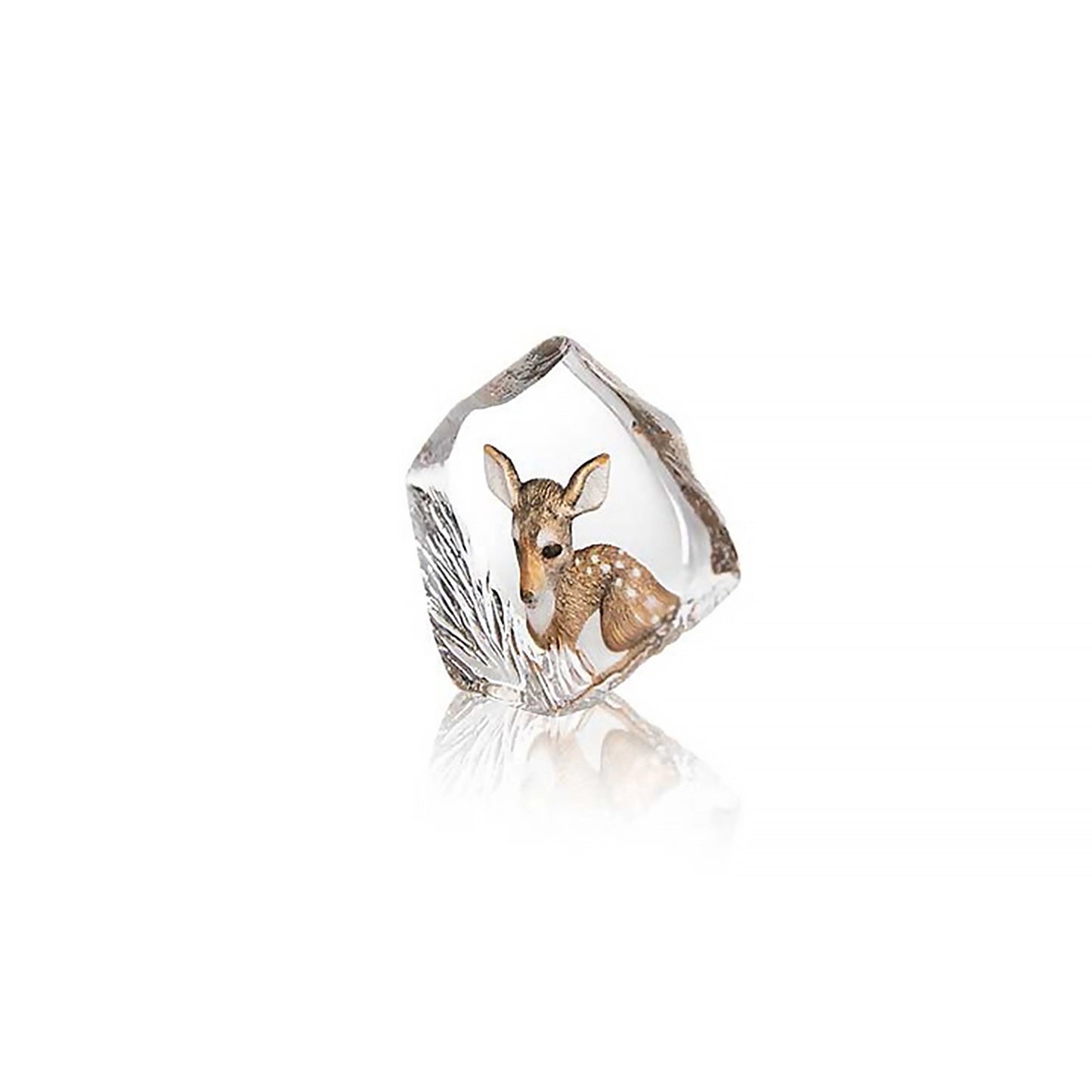 A cut crystal sculpture with painted and engraved baby deer design side view