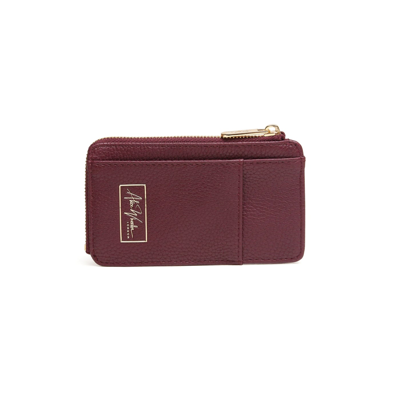 Berry red faux leather purse with gold embossed logo and zip closure