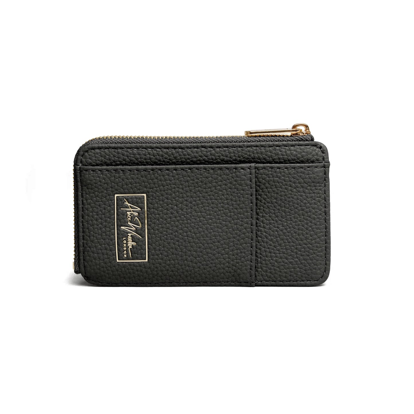 Black faux leather purse with gold embossed logo and zip closure