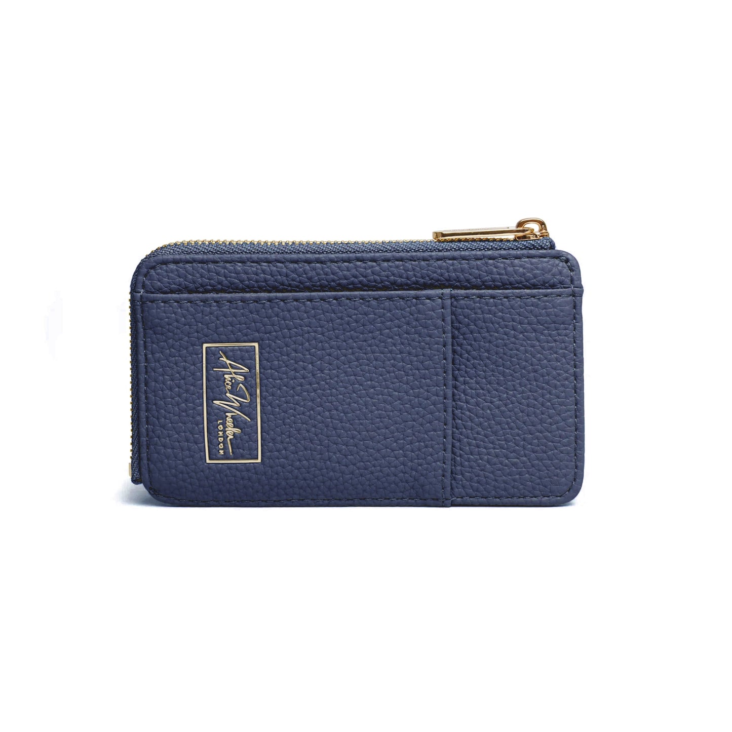 Navy blue faux leather purse with gold embossed logo and zip closure