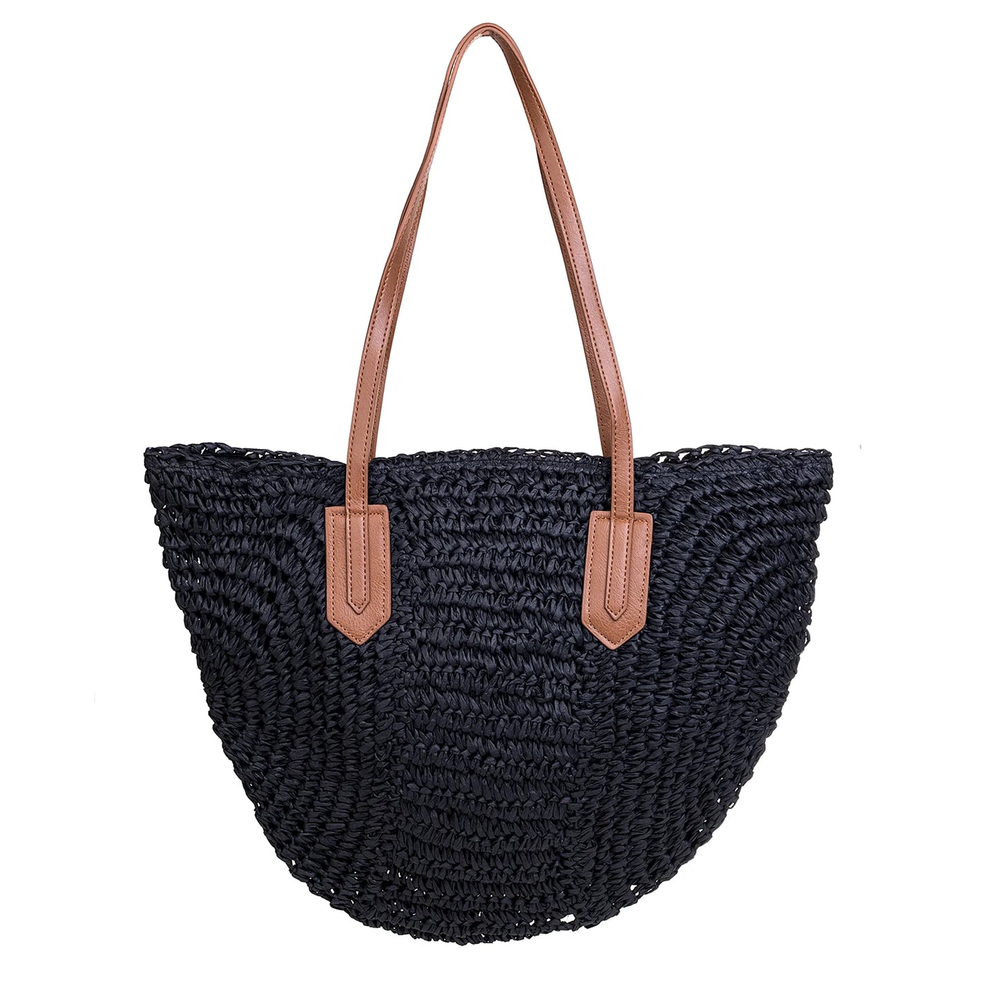 Black recycled paper weave beach bag with brown PU handles