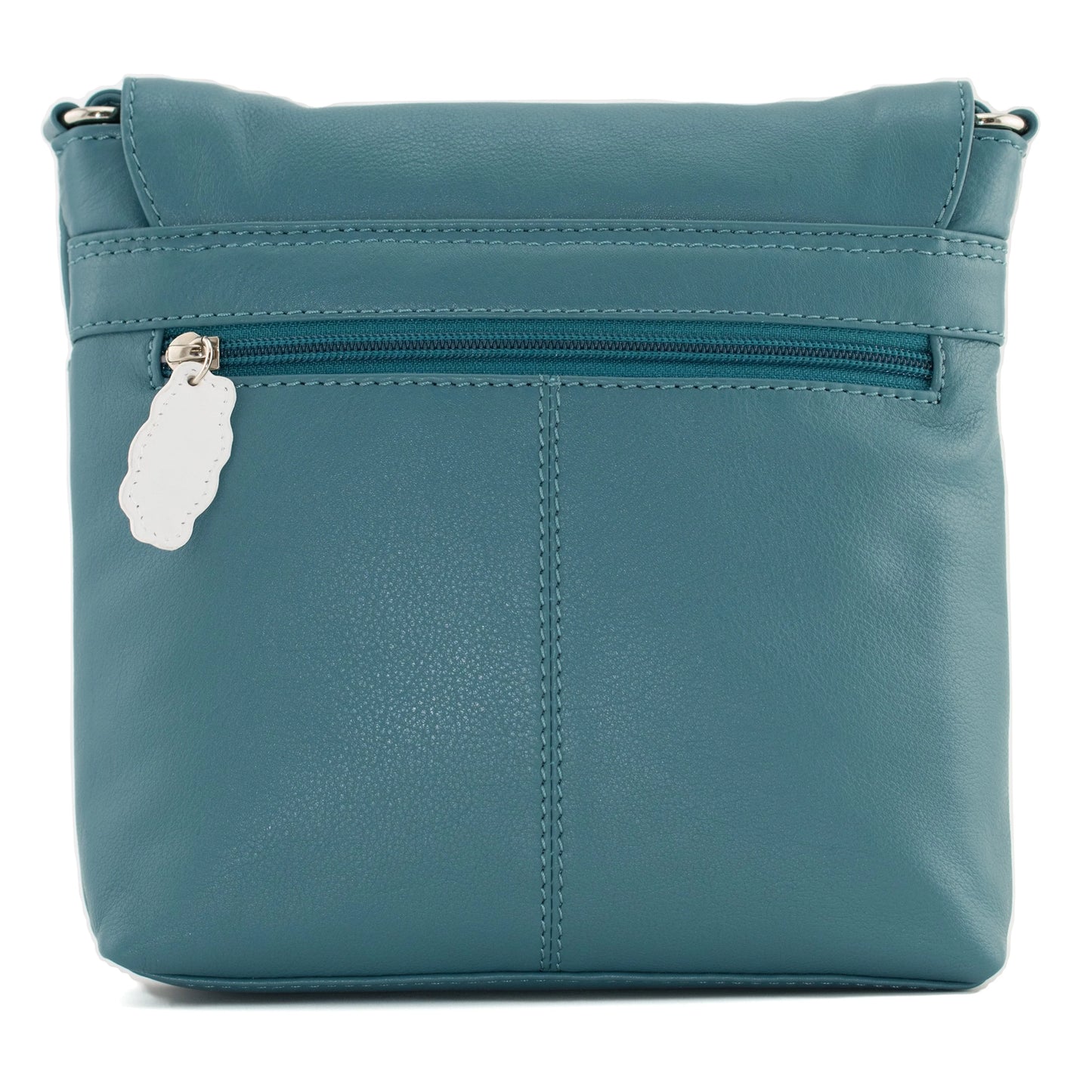 Teal leather crossbody bag with zip pocket on the back and cloud zip