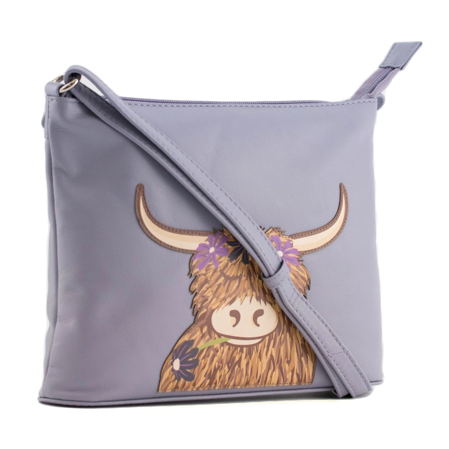 Grey leather crossbody bag with Highland cow applique detail and adjustable strap