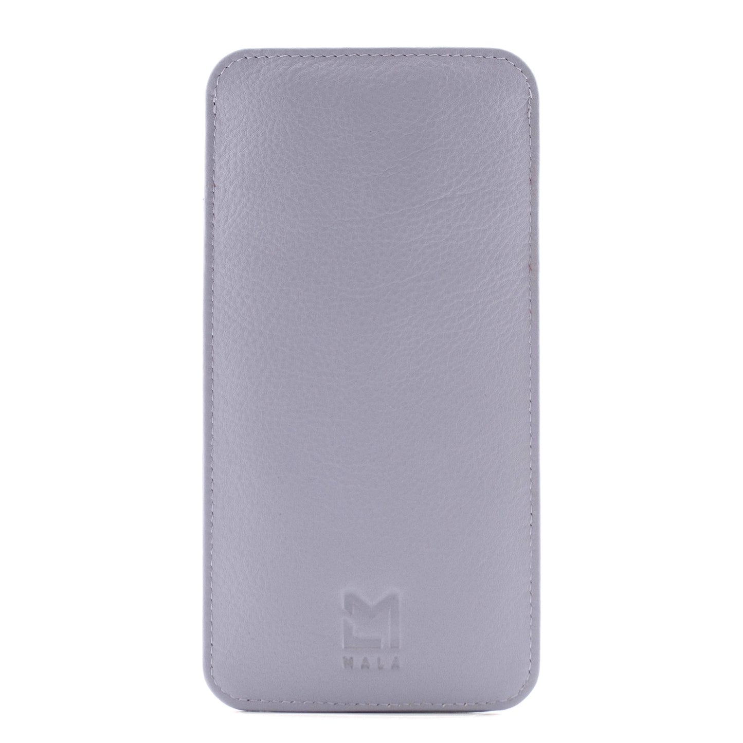 Grey leather glasses case back with Mala brand stamp