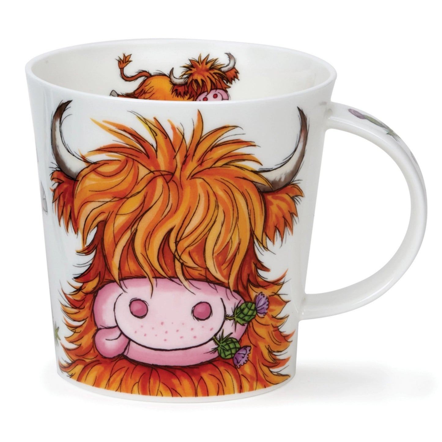 White mug with cartoon Highland cow illustration