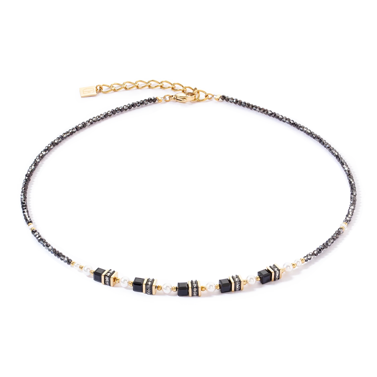 Yellow gold stainless steel necklaces with cut black beads and white pearls