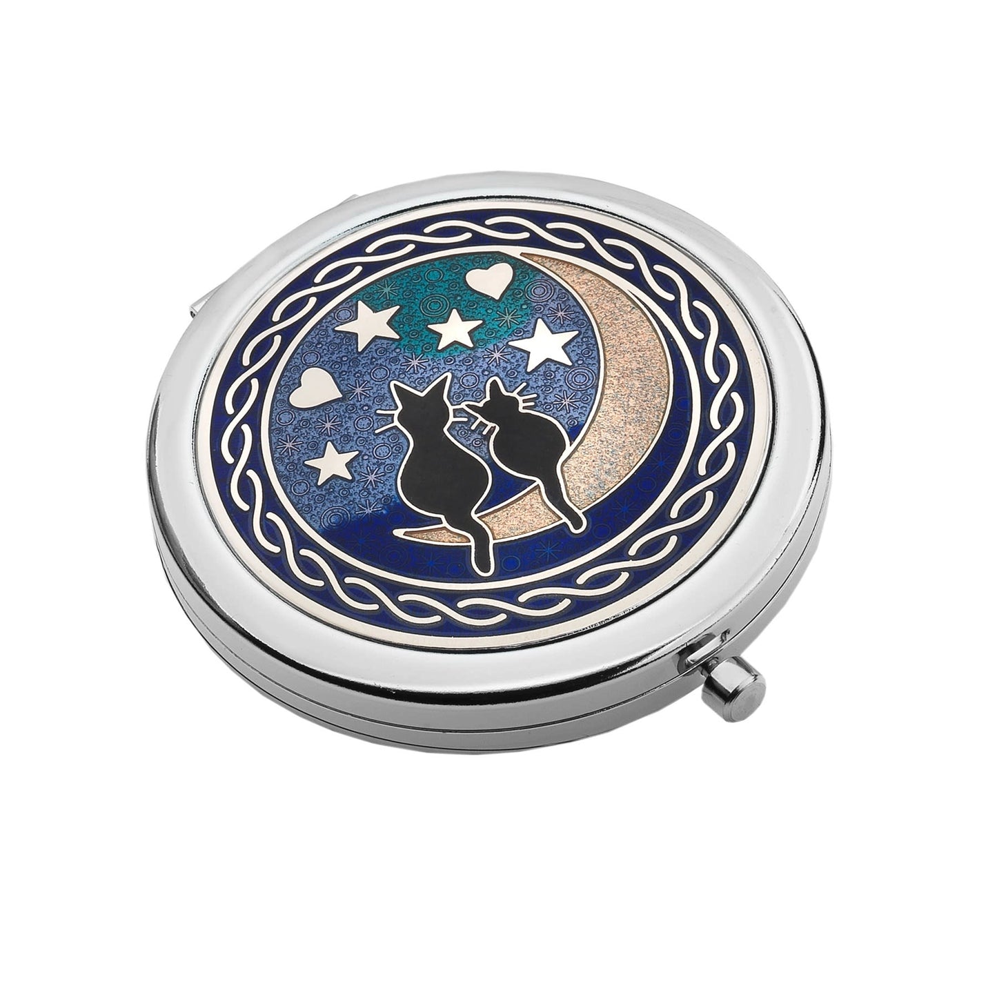 A silver compact mirror with enamel top featuring two black cats sitting on a gold moon