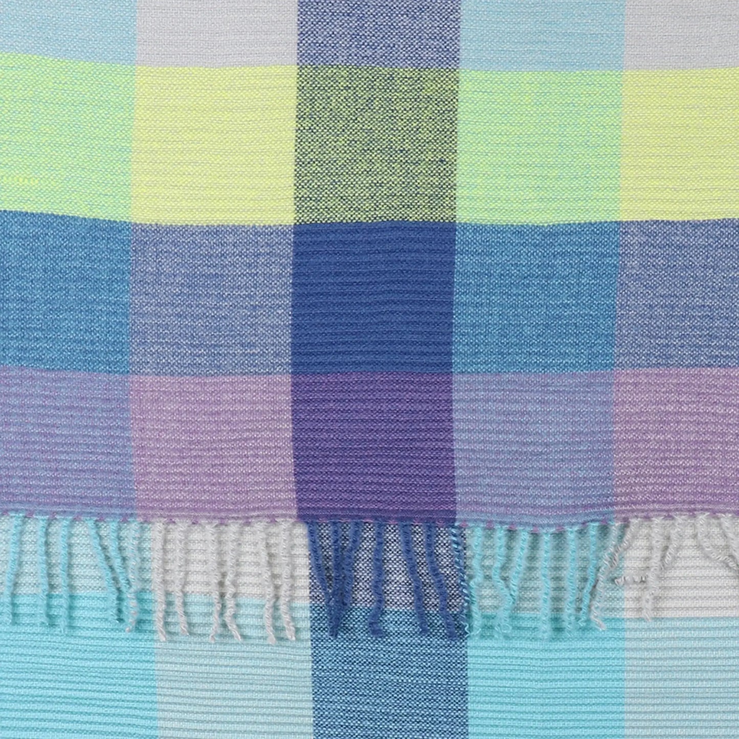 Colour block scarf in blue, grey, purple and green pattern detail