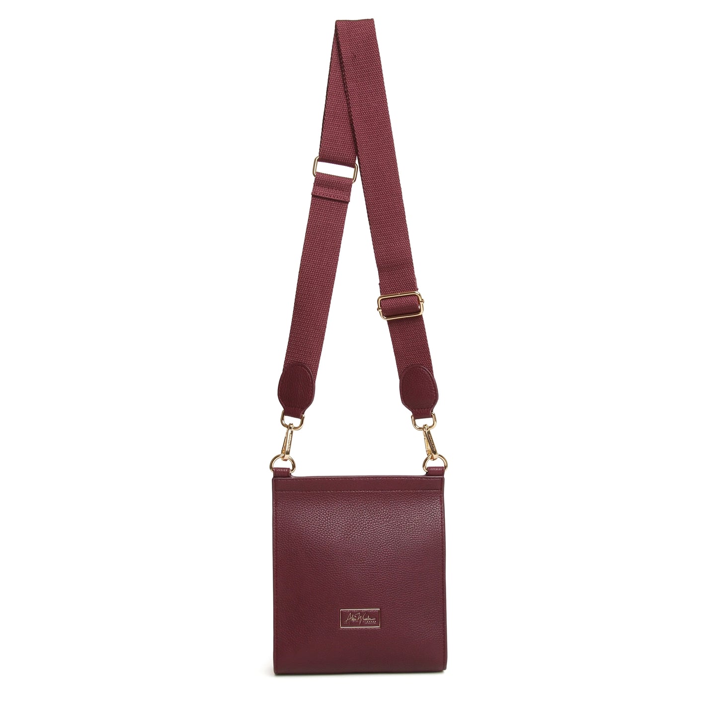 back of berry Red faux leather crossbody bag with bee emblem magnetic flap over and adjustable strap
