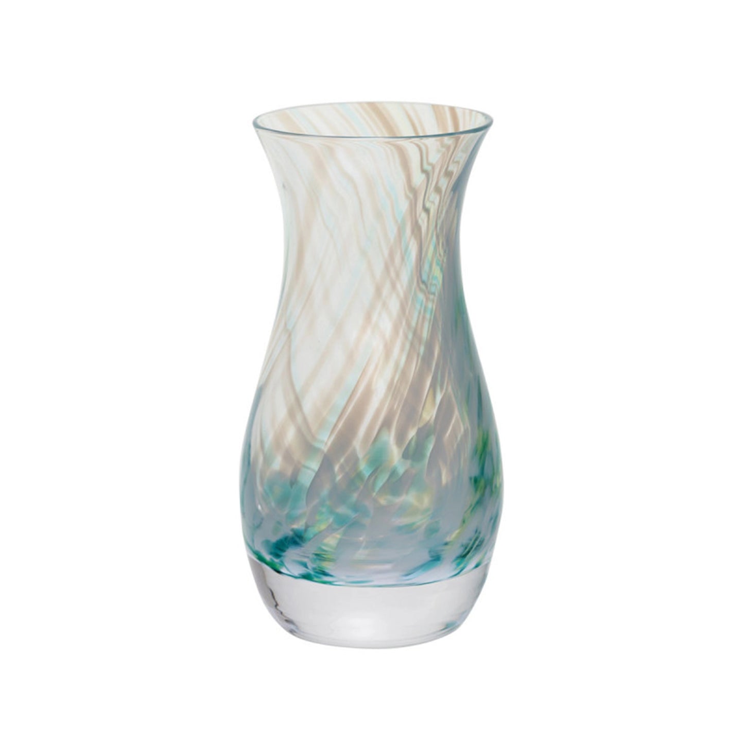 Fluted glass vase with a green and white swirl design