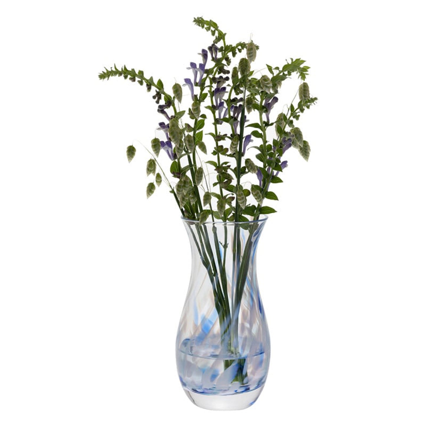 Fluted glass vase with a blue and white swirl design and floral arrangement