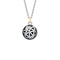 Silver coin shaped pendant with tiny flower design and oxidisation with a gold bail on a silver chain