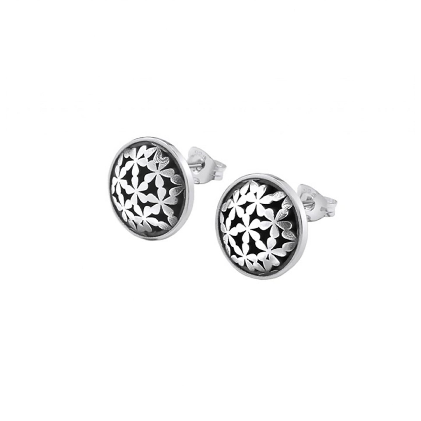 Silver coin shaped earrings with tiny flower design and oxidisation with stud butterfly fitting