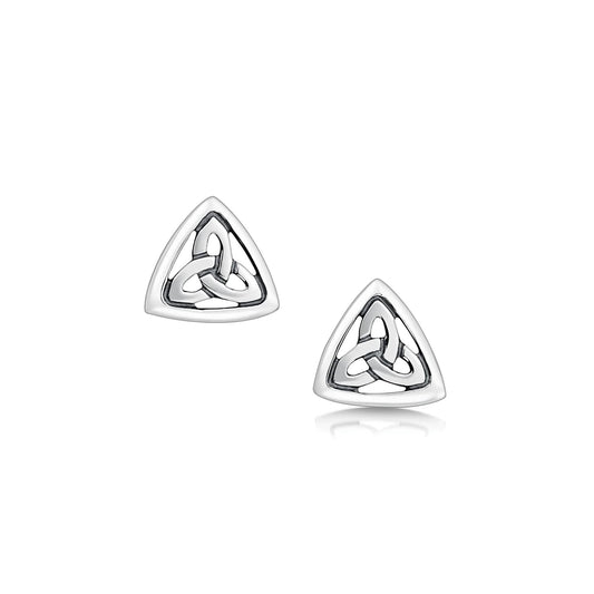 Polished silver pair of triangular stud earrings with trinity knots in the centres