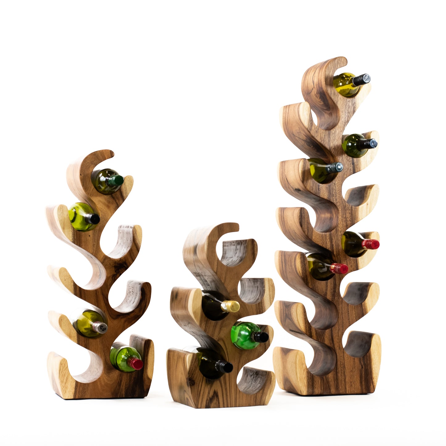 Three wooden wine trees of different sizes