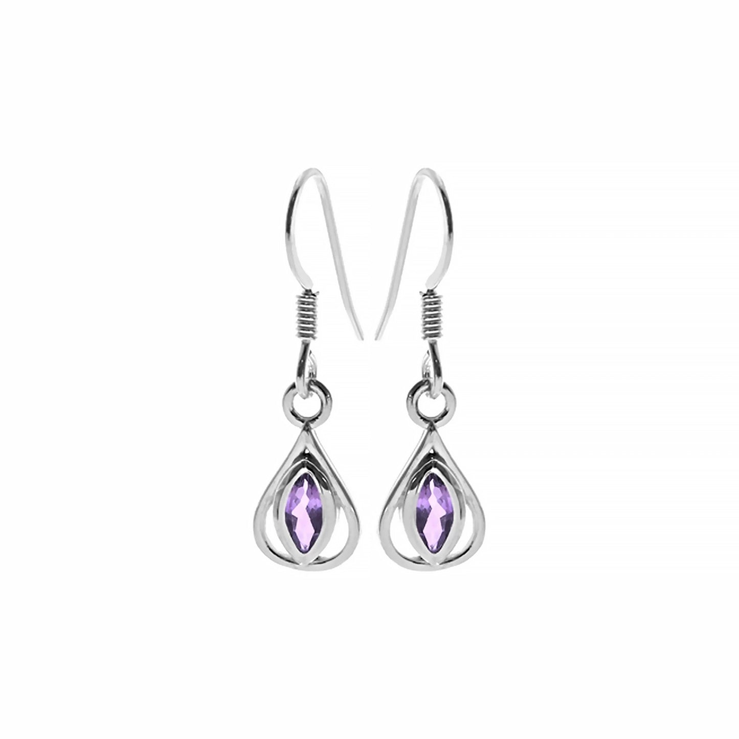 Teardrop shaped silver drop earrings with marquis amethyst stones in the centres
