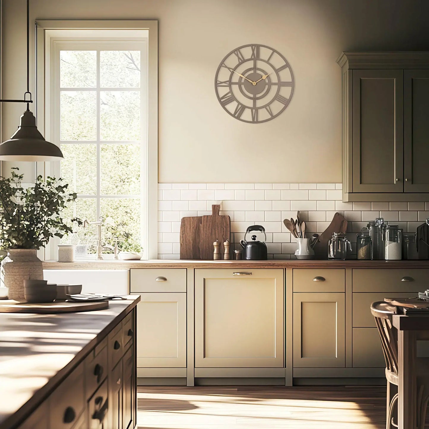 Skeleton wall clock in natural beige with gold hands