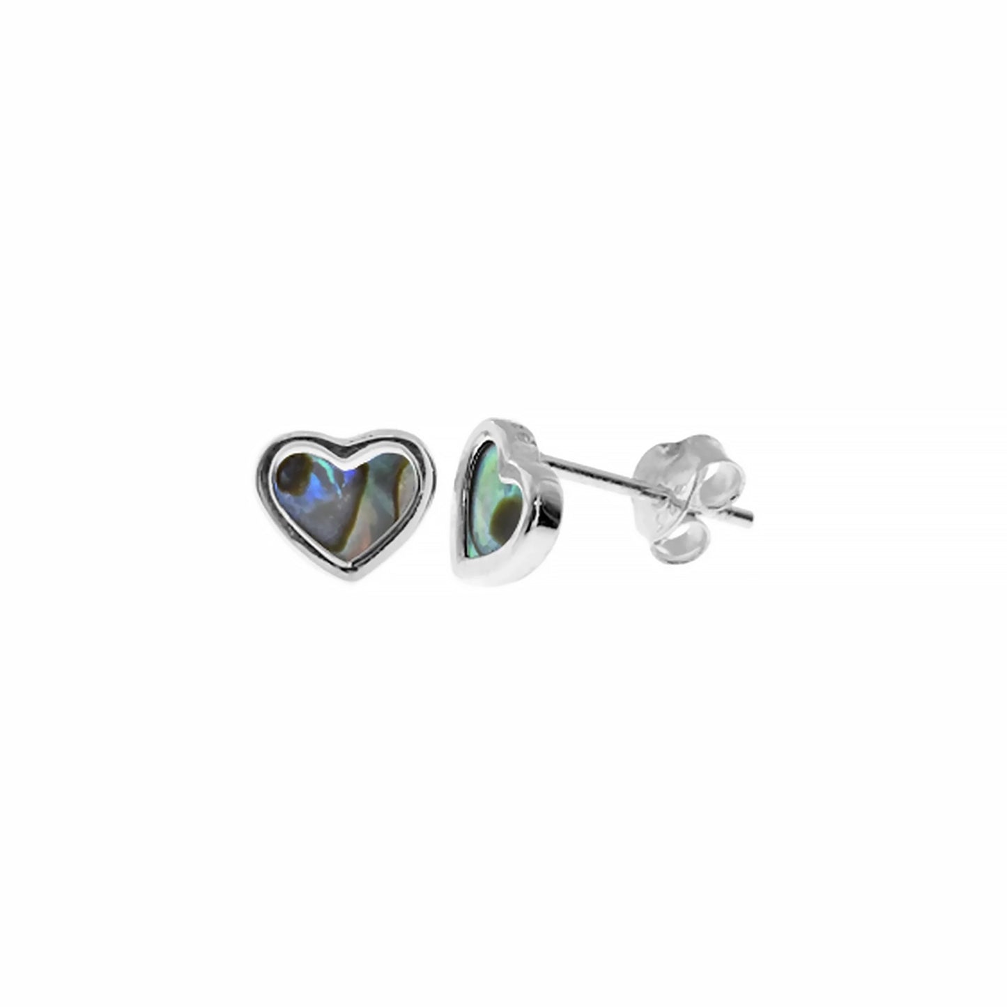 Silver heart shaped framed paua shell stud earrings