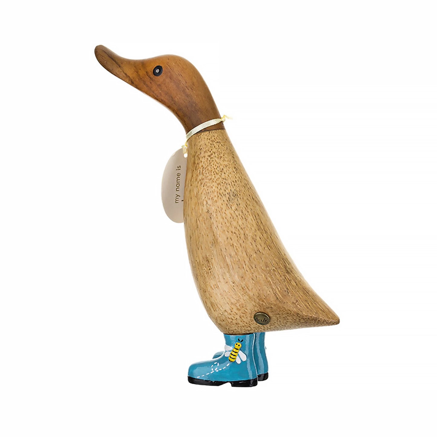 Wooden duck figure with blue boots decorated with bees