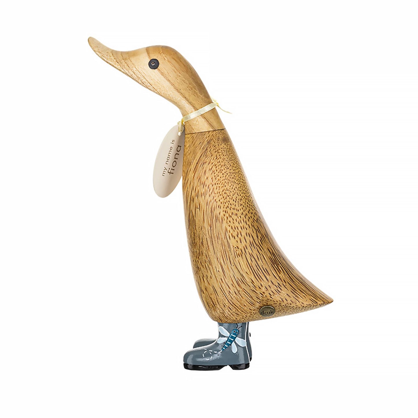 Wooden duck figure with teal boots decorated with dragonfly