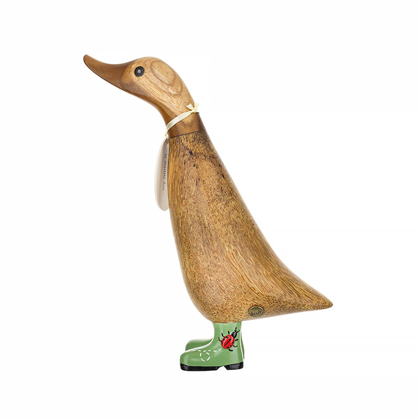 Wooden duck figure with green boots decorated with ladybirds