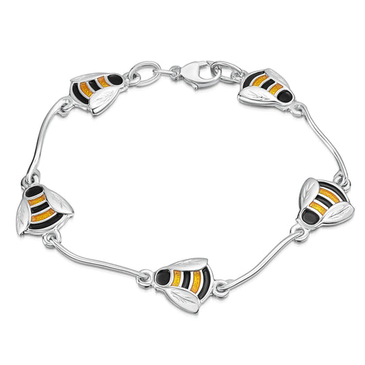 Polished silver multi-link bracelet with enamelled black and yellow bees with silver rod spacers