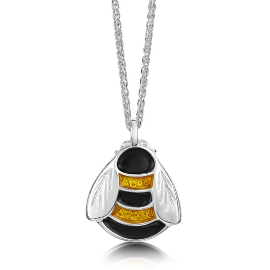 Polished silver bee pendant in black & yellow enamel on silver chain