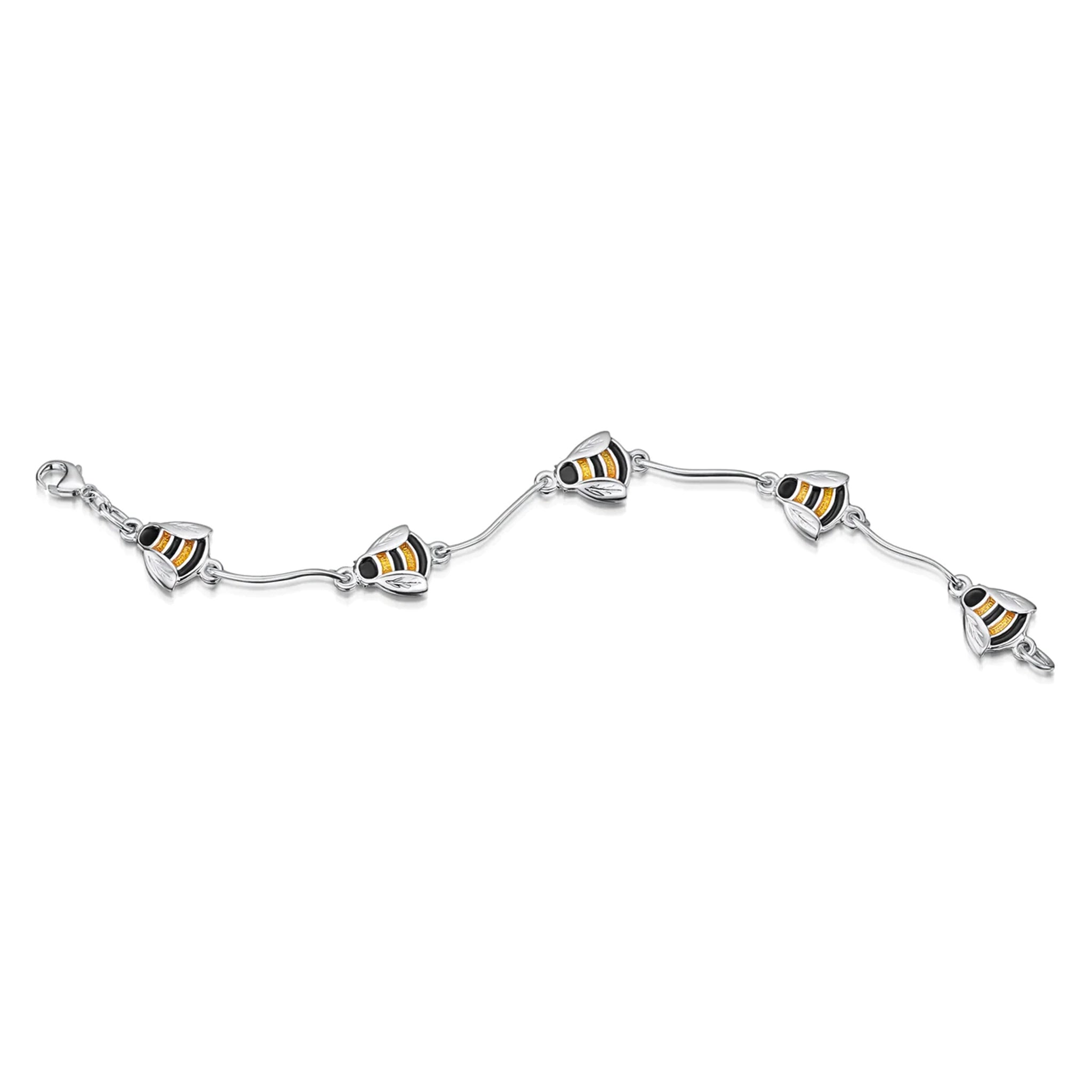 Polished silver multi-link bracelet with enamelled black and yellow bees with silver rod spacers - unfastened